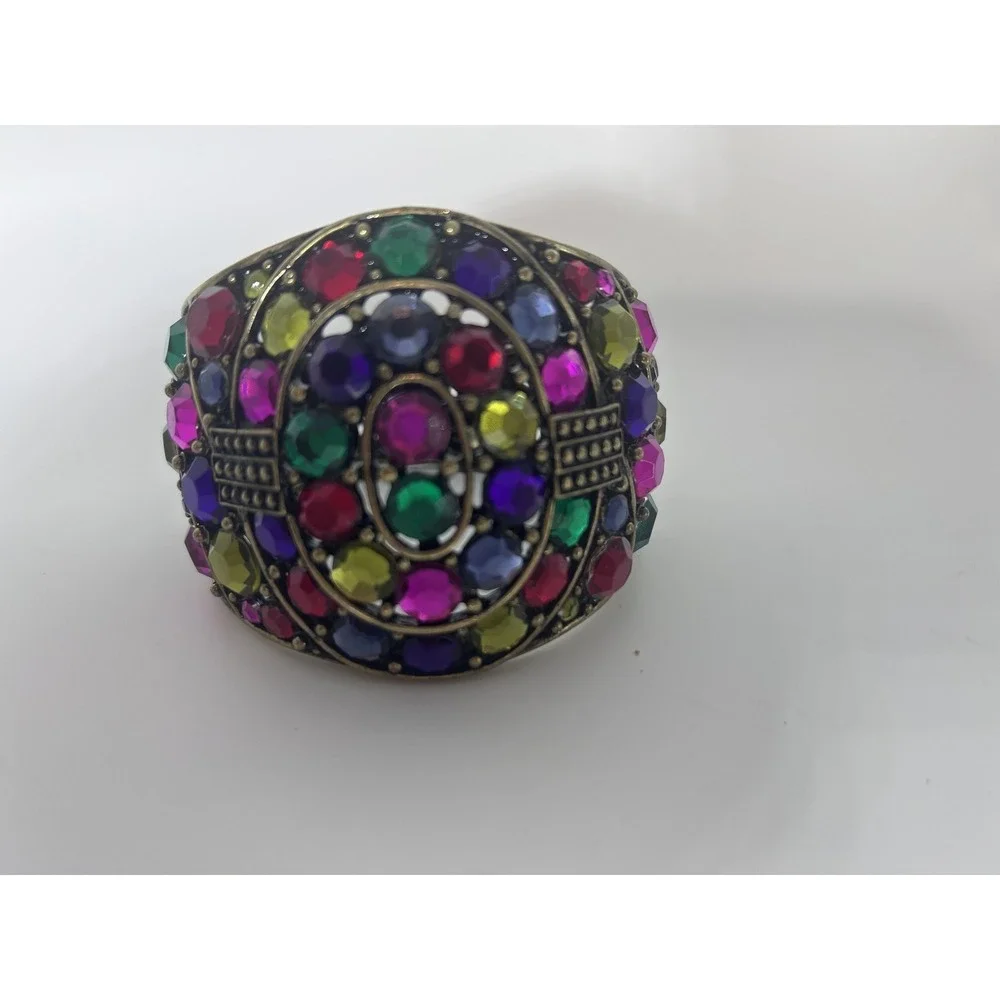 Bracelet Gold Tone Large Multicolor Rhinestone Bangle Hinged Statement Jewelry